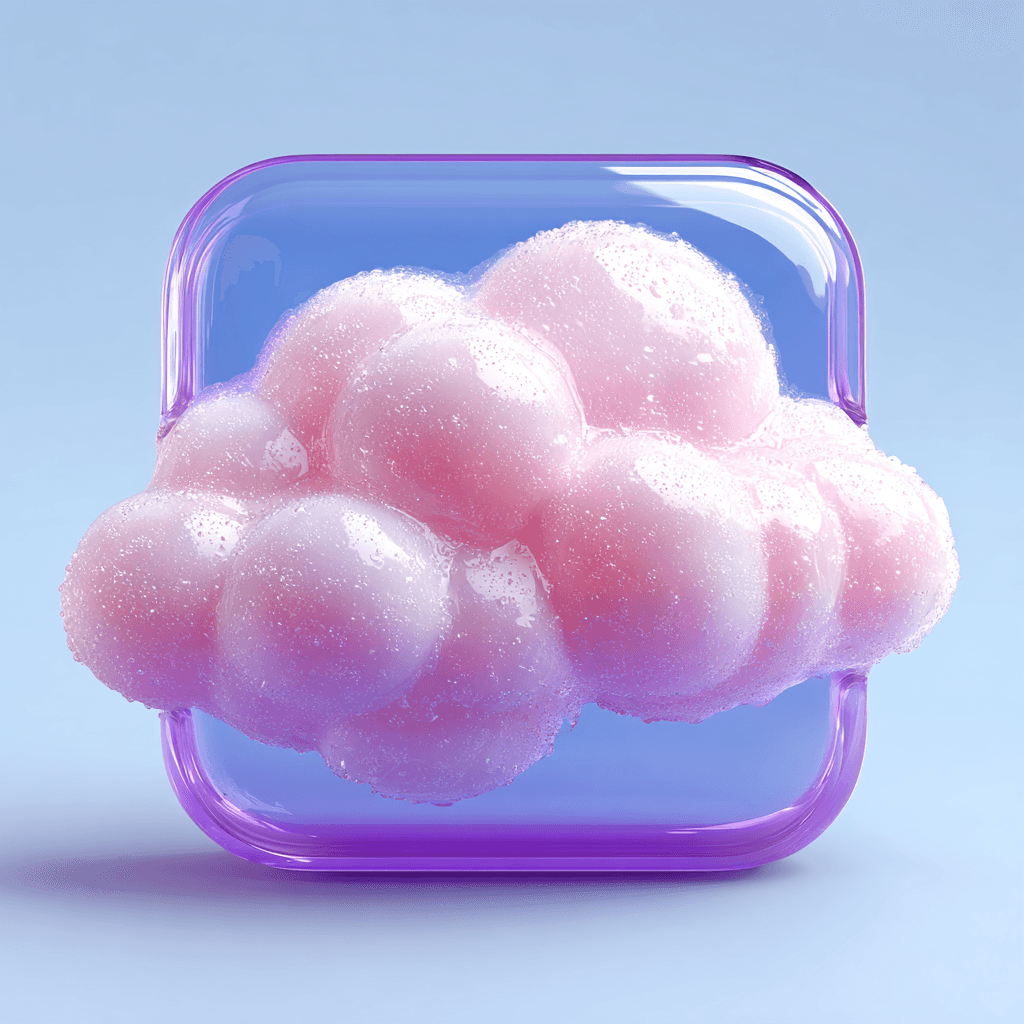 A 3D-rendered pastel pink fluffy cloud with soft foam-like texture, framed inside a transparent purple rounded square on a blue background.