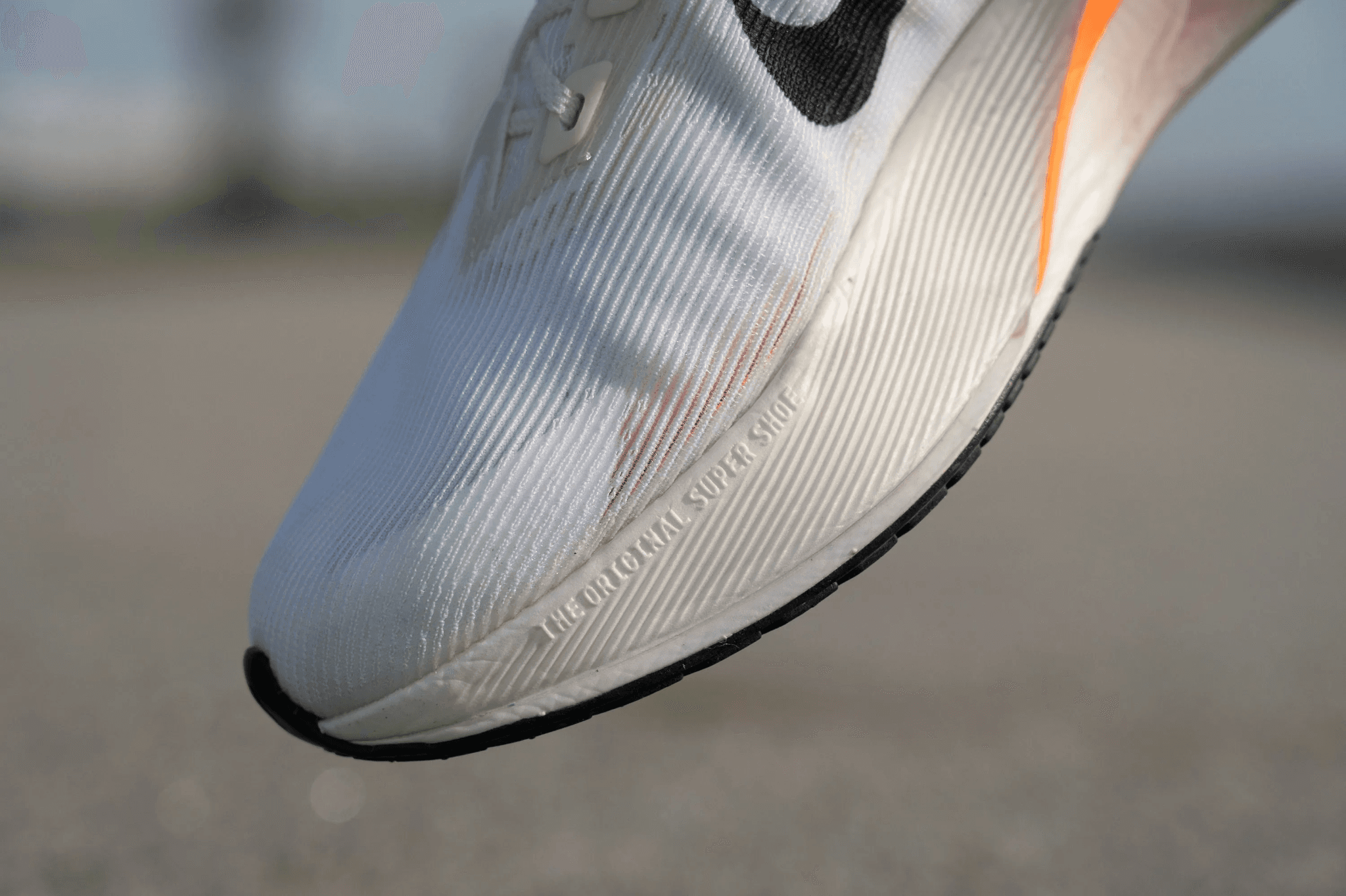 "THE ORIGINAL SUEPRSHOE" embossed on Vaporfly 4 midsole