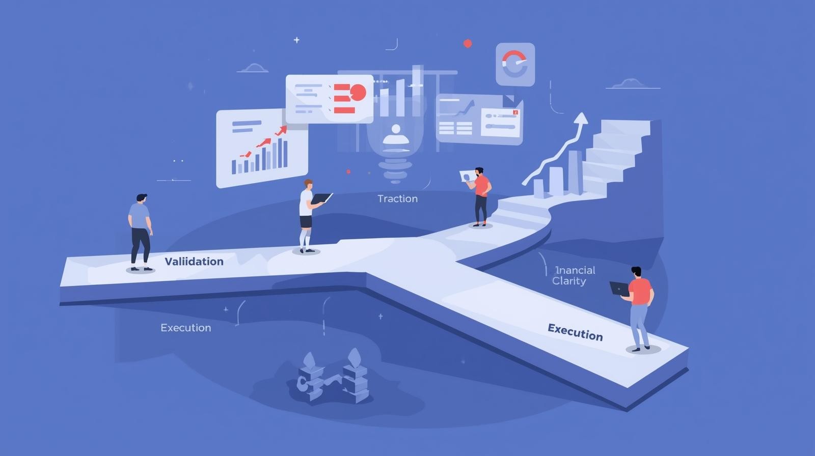 A clean, modern flat vector illustration of a magnifying glass focusing on financial charts and graphs — simple bar and line charts showing growth and cost patterns. Around the magnifying glass are subtle icons representing team, product, and customers. Minimalist, startup-style design with bright blues, greens, and yellows on a light background