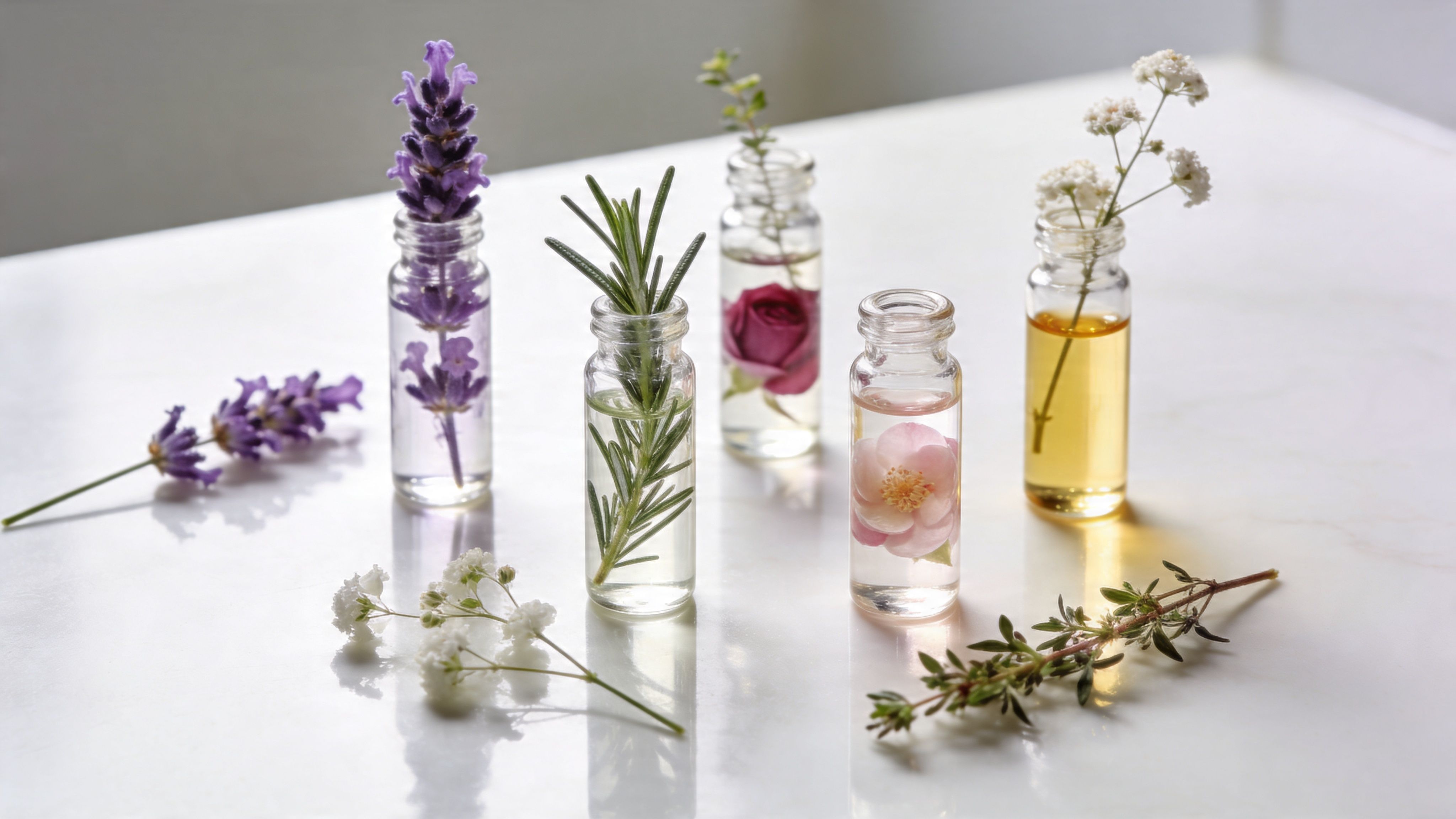 Glass vials containing botanical extracts, essential oils, and fresh herbs arranged elegantly on a white surface.