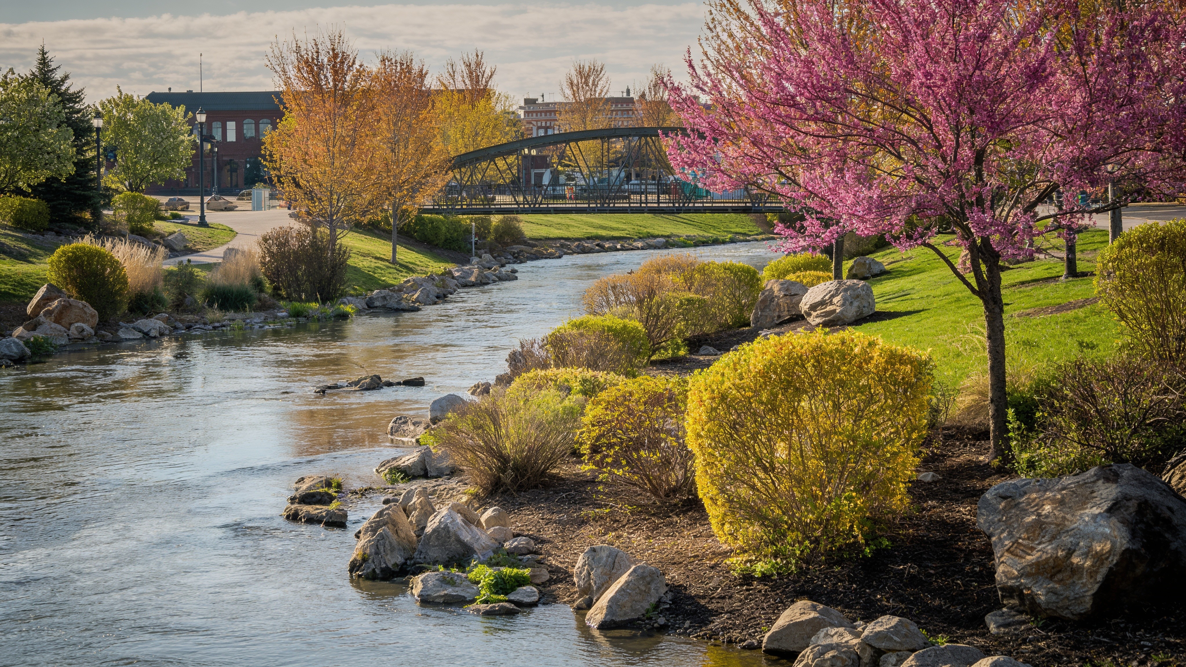 Indian Creek riverwalk in downtown Caldwell, Idaho — PowerLift Doors of Oregon hydraulic door service area