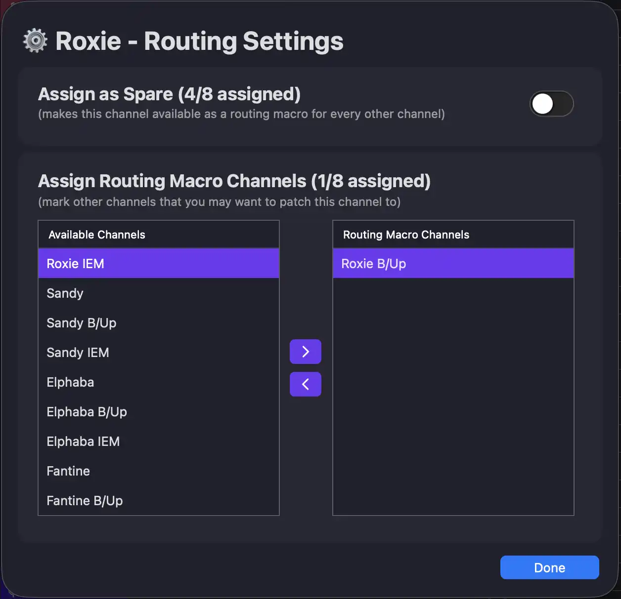Configure channel routing settings from the popup