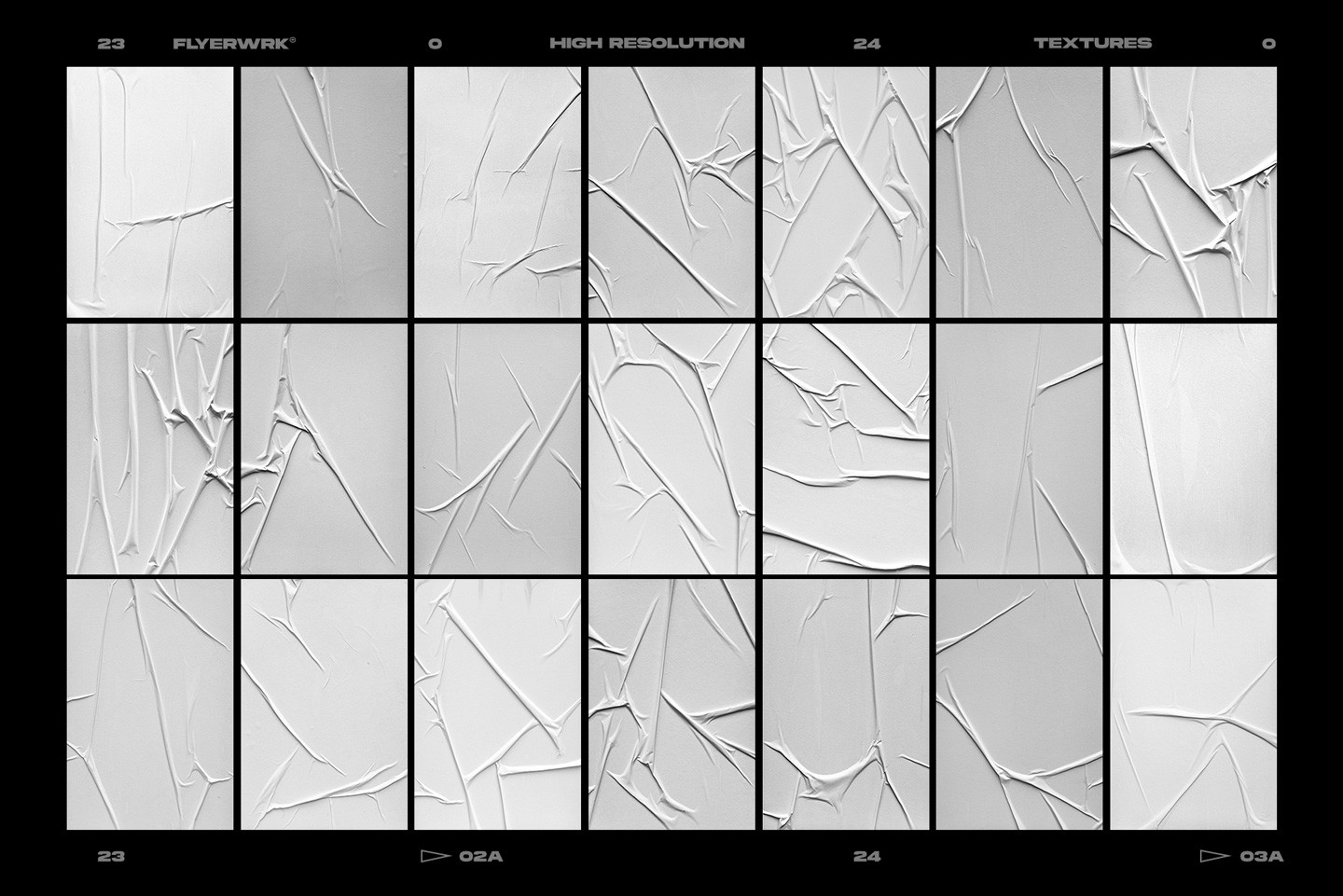 Grid of twenty four white glued poster textures featuring different realistic wrinkles and folds