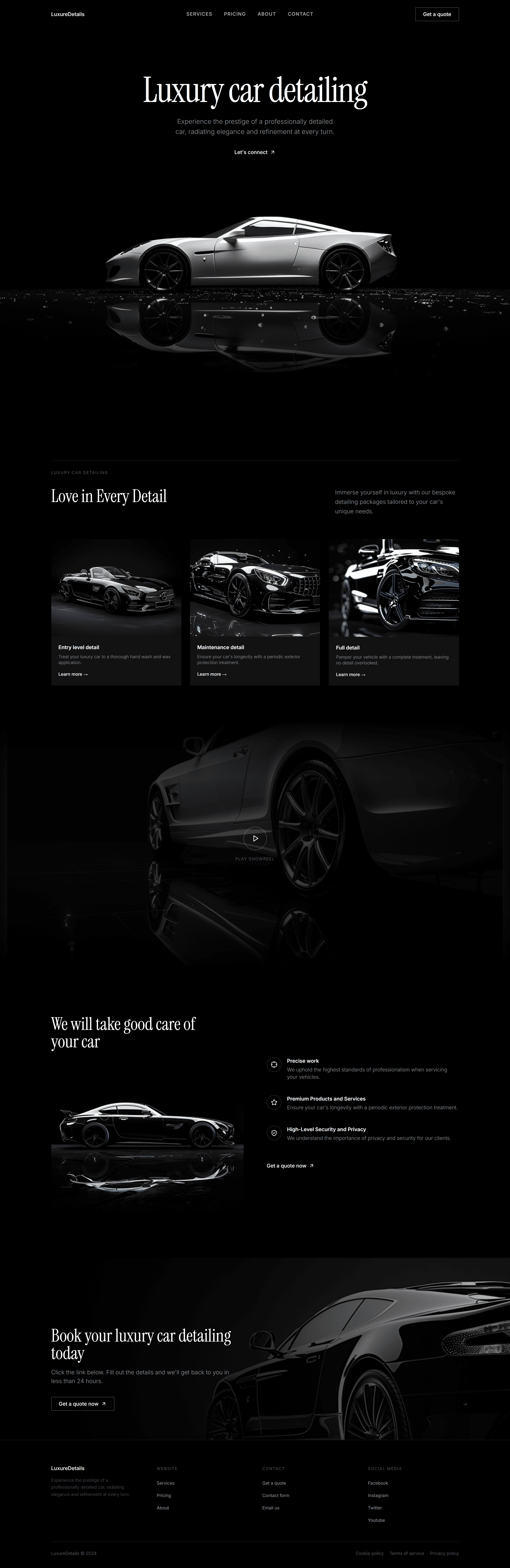 Car Detailing Website Prompt full preview — complete car detailing website design showing black hero, three-card services grid, showreel section, features and booking CTA