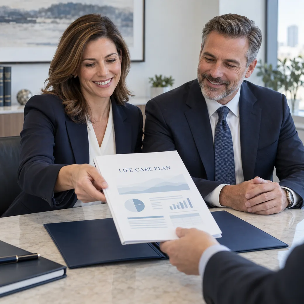 Illustration of two smiling attorneys receiving a life care planning report.