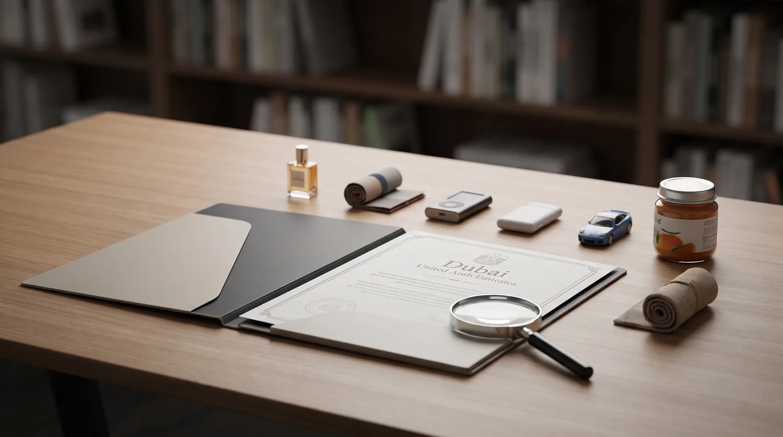 How Many Product Lines One Dubai Trading License Covers beside a Dubai trade license document and a modern office desk