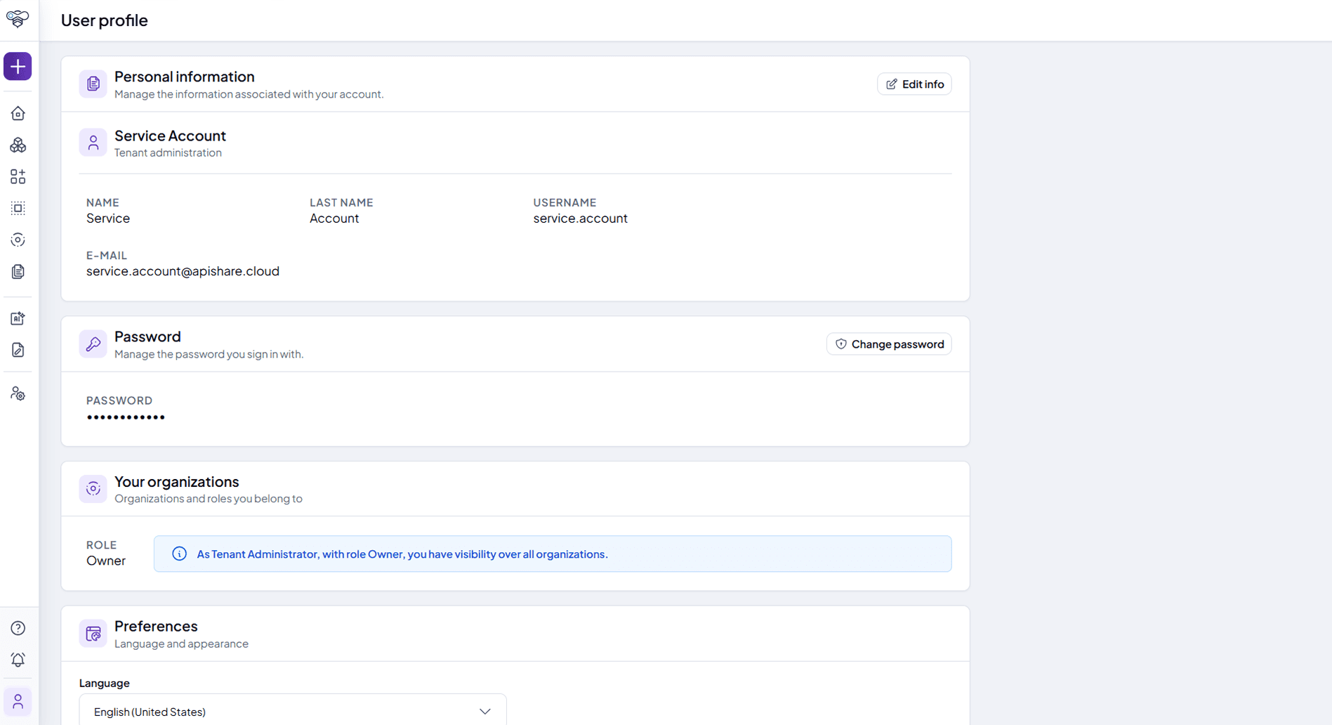 User profile page with the account details, its organizations and the owner role