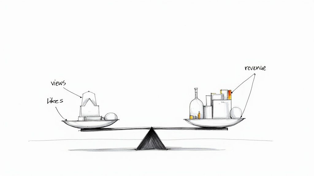 A hand-drawn balance scale illustrates revenue outweighing views and likes in content performance.