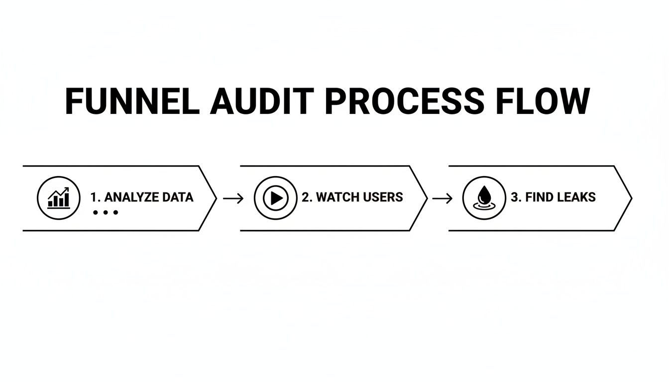 A three-step funnel audit process flow diagram showing: Analyze Data, Watch Users, and Find Leaks.