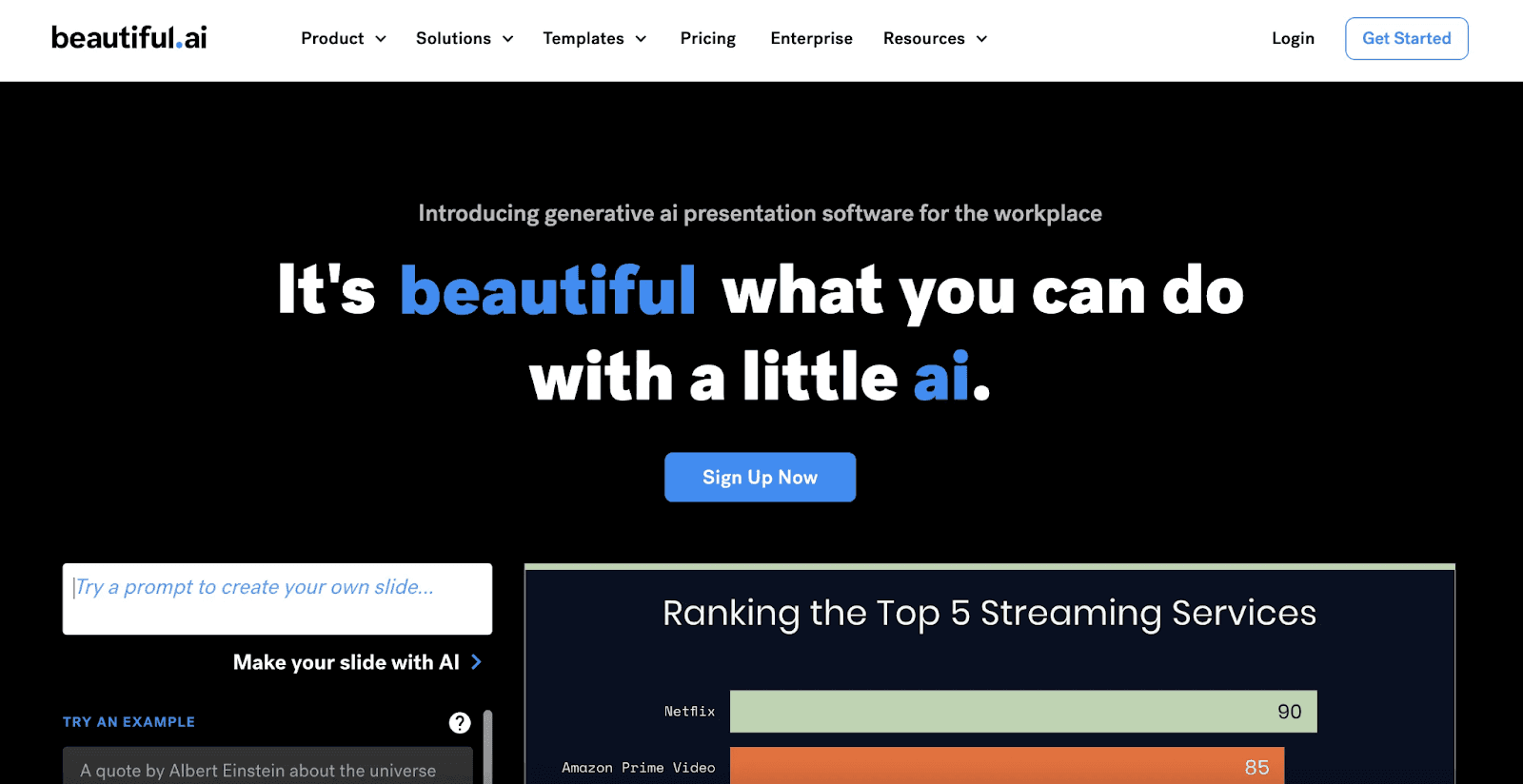 Beautiful AI landing page showcasing an intuitive platform for creating AI-powered presentations with customizable templates and design options.