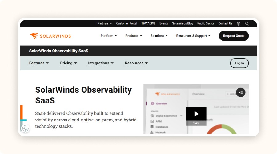 SloarWinds homepage