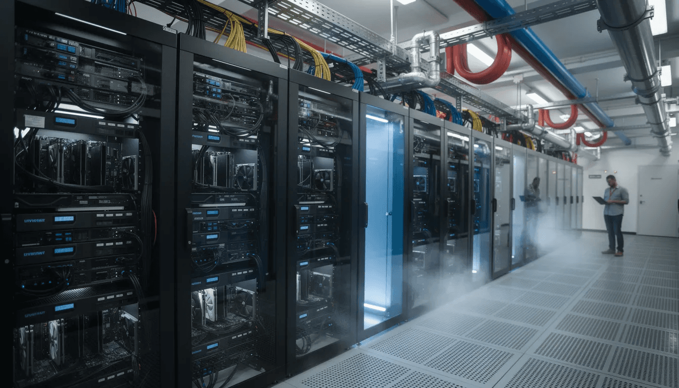 The image depicts a high-performance computing cluster featuring multiple GPU servers, surrounded by advanced cooling infrastructure, all housed within a modern data center. This setup illustrates the physical hardware essential for digital technologies, enabling efficient processing for applications like machine learning and artificial intelligence in both public and private cloud environments.