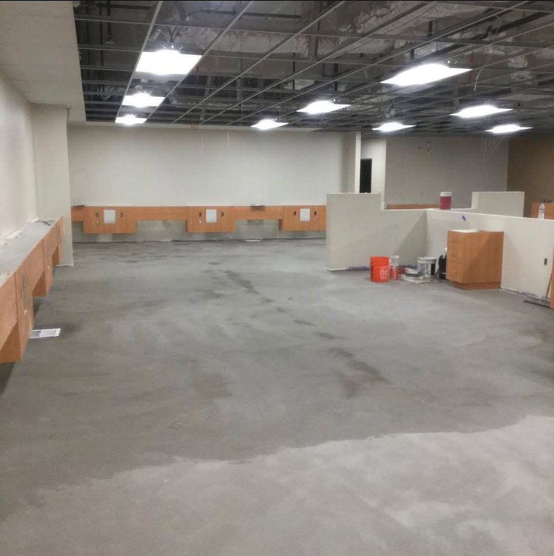Patched and cleaned concrete slab ready for sheet vinyl