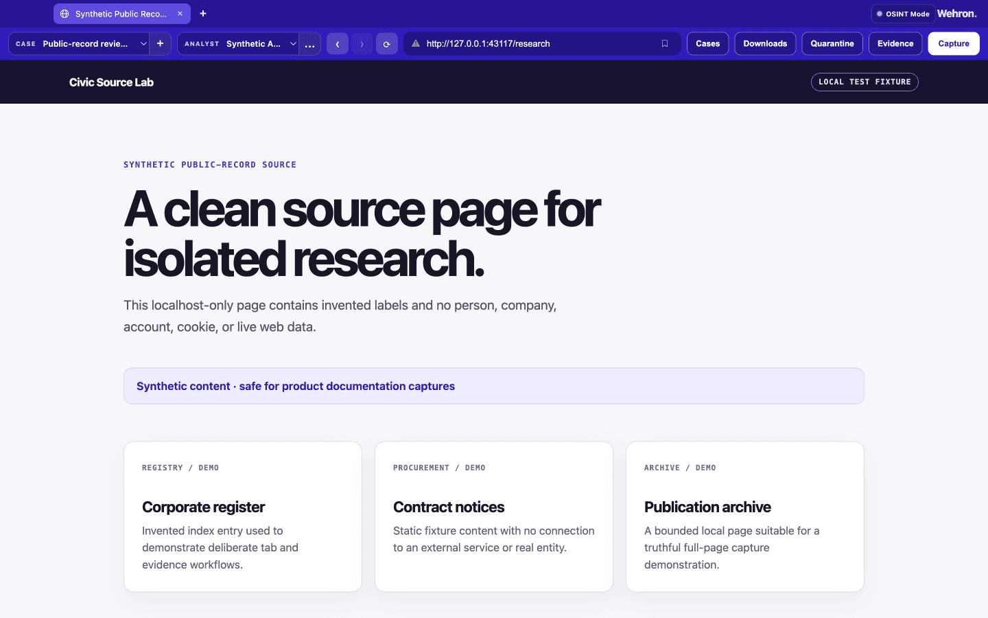 Wehron OSINT Mode showing an active synthetic case and a localhost-only public-record research fixture