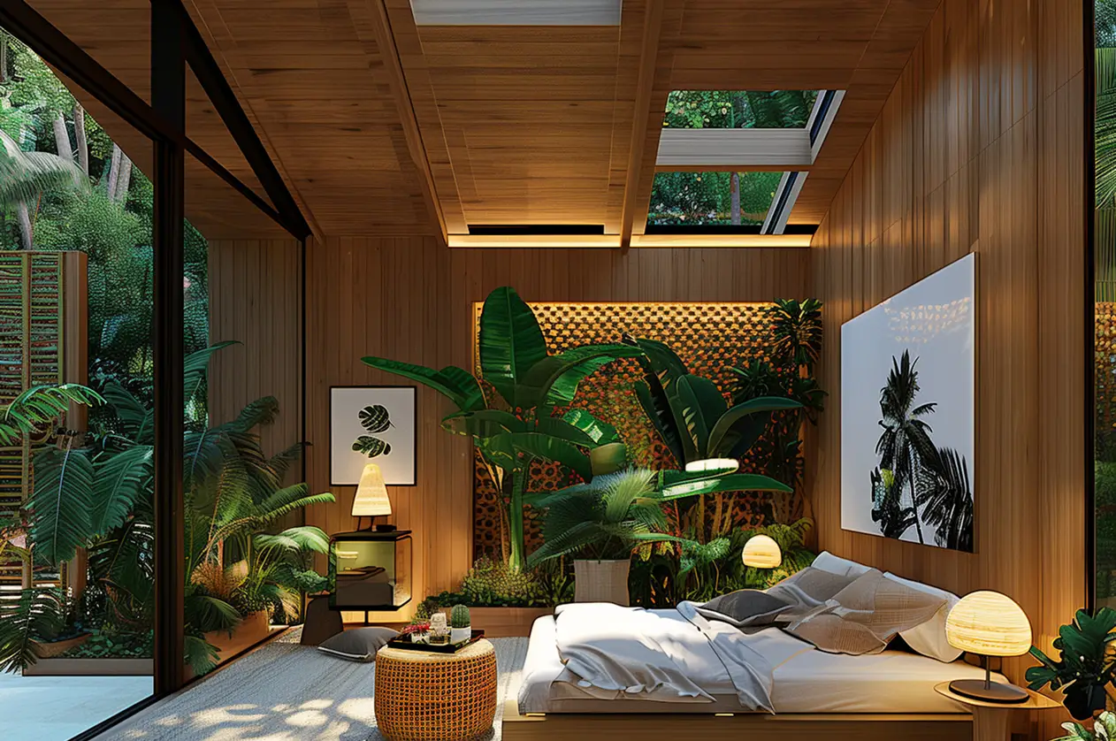 Minimalist bedroom interior with wood paneling and large windows.