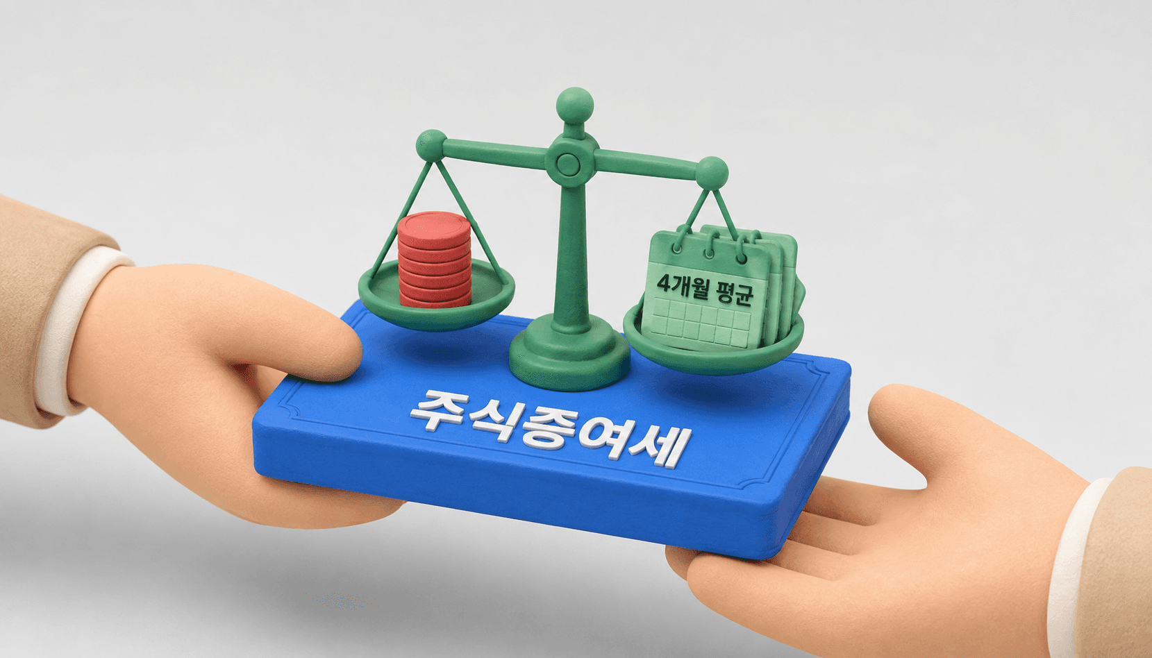 저울이 얹힌 주식 증서를 주고받는 두 손과 저울에 올려진 달력 조각