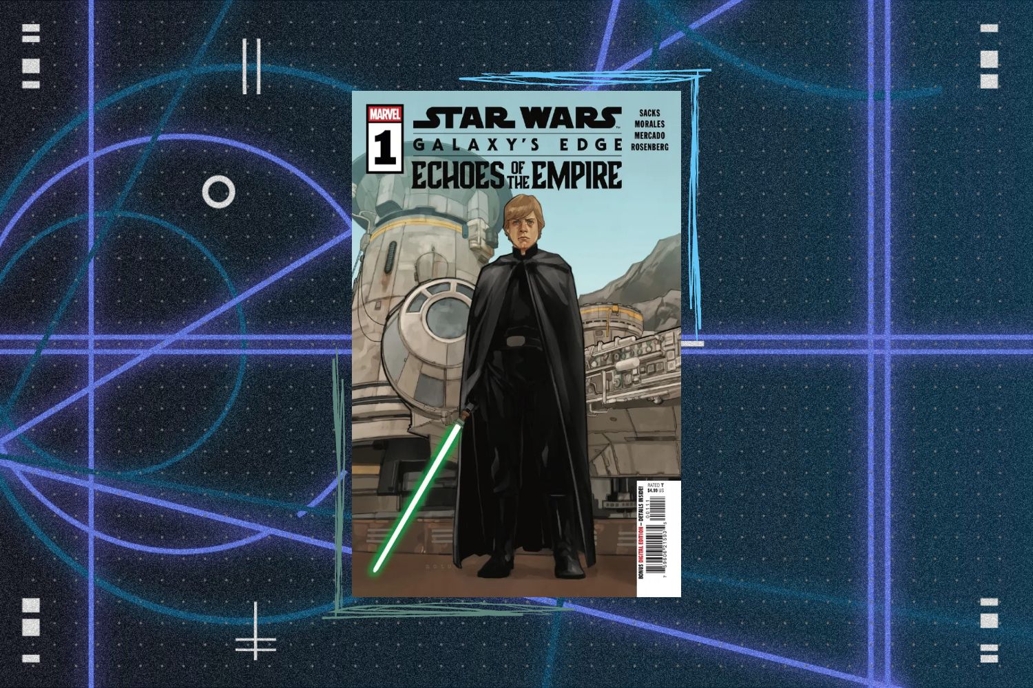 Marvel's Star Wars: Galaxy's Edge - Echoes of the Empire #1 cover featuring Luke Skywalker in front of a blue geometric background