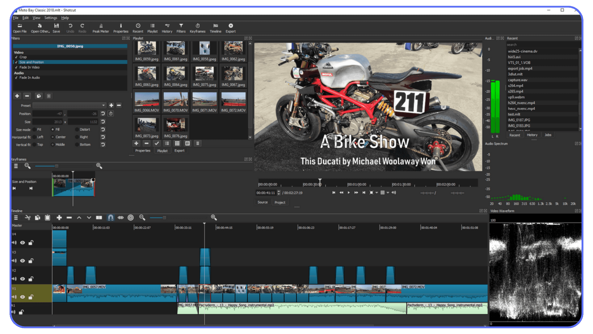 Shotcut interface with a motorcycle video project open, showing timeline tracks, clip properties, filters, preview window, and audio waveform monitor.