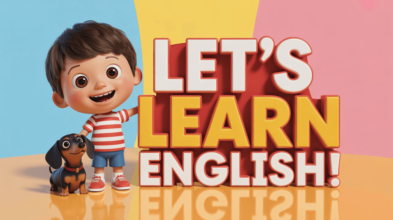 3D cartoon boy Tom and dachshund Billy smiling on pastel gradient with Lets Learn English text