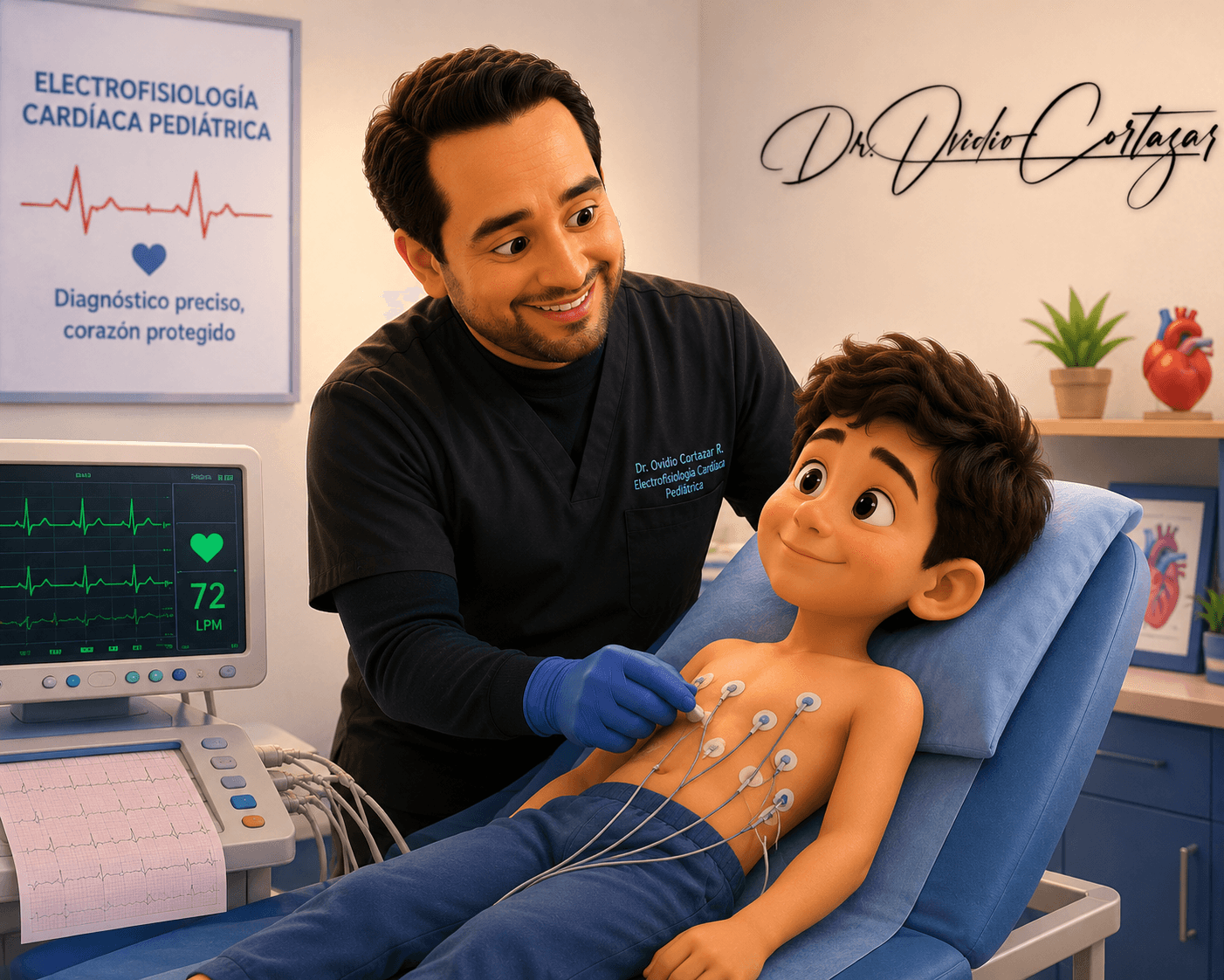 Electrofisiólogo pediátrico revisando a niño con arritmia en consulta en CDMX