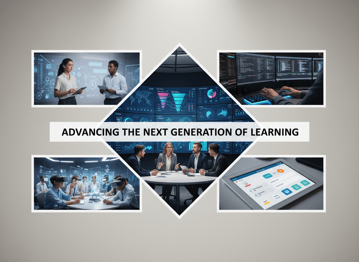 “Education leaders and learners reviewing real-time learning analytics in a modern digital learning operations workspace advancing the next generation of education.”