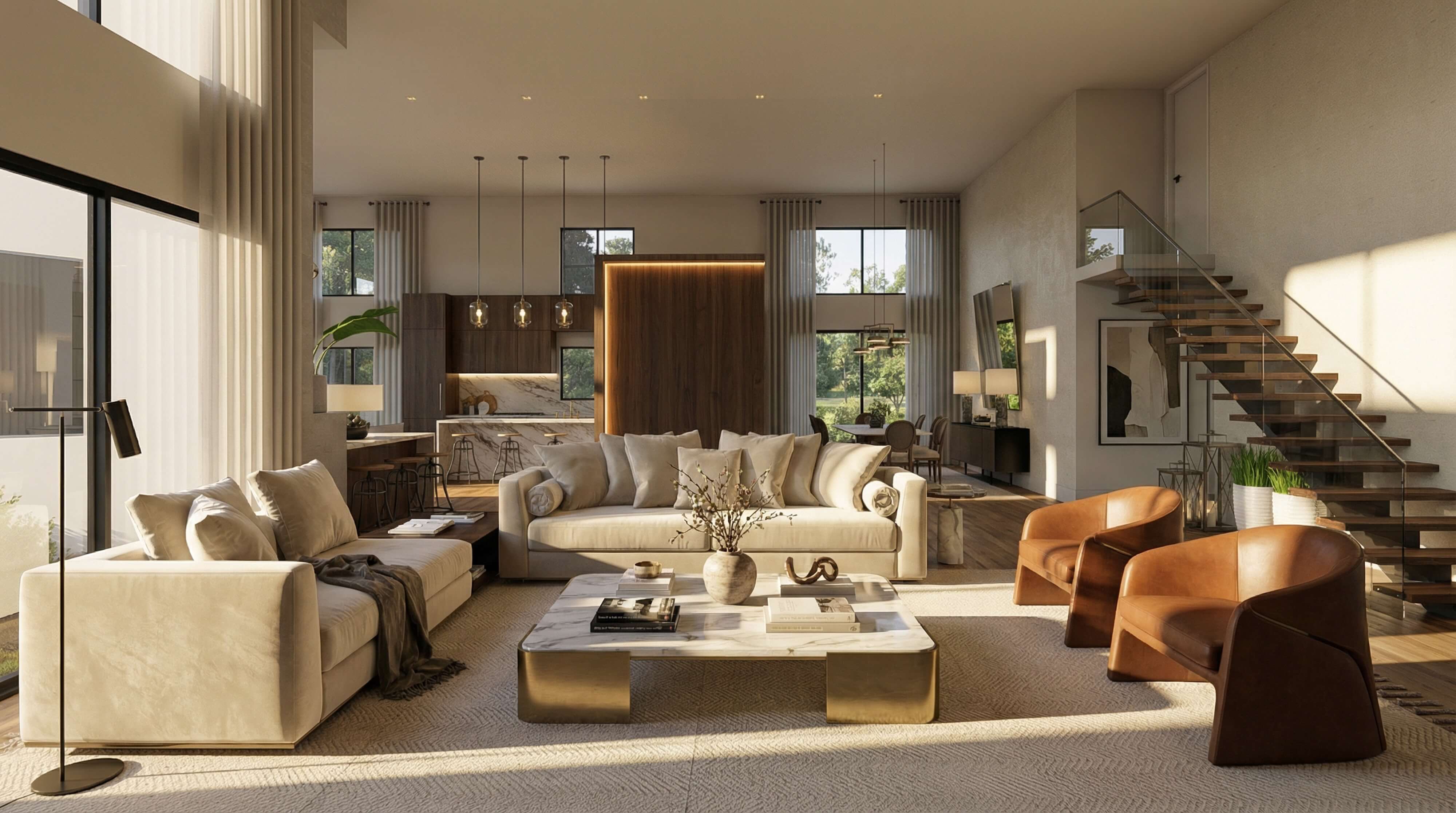 A modern luxury living room with high ceilings, neutral furnishings, layered lighting, large windows, and thoughtfully arranged seating areas that define the space while maintaining an open, airy layout filled with natural light.