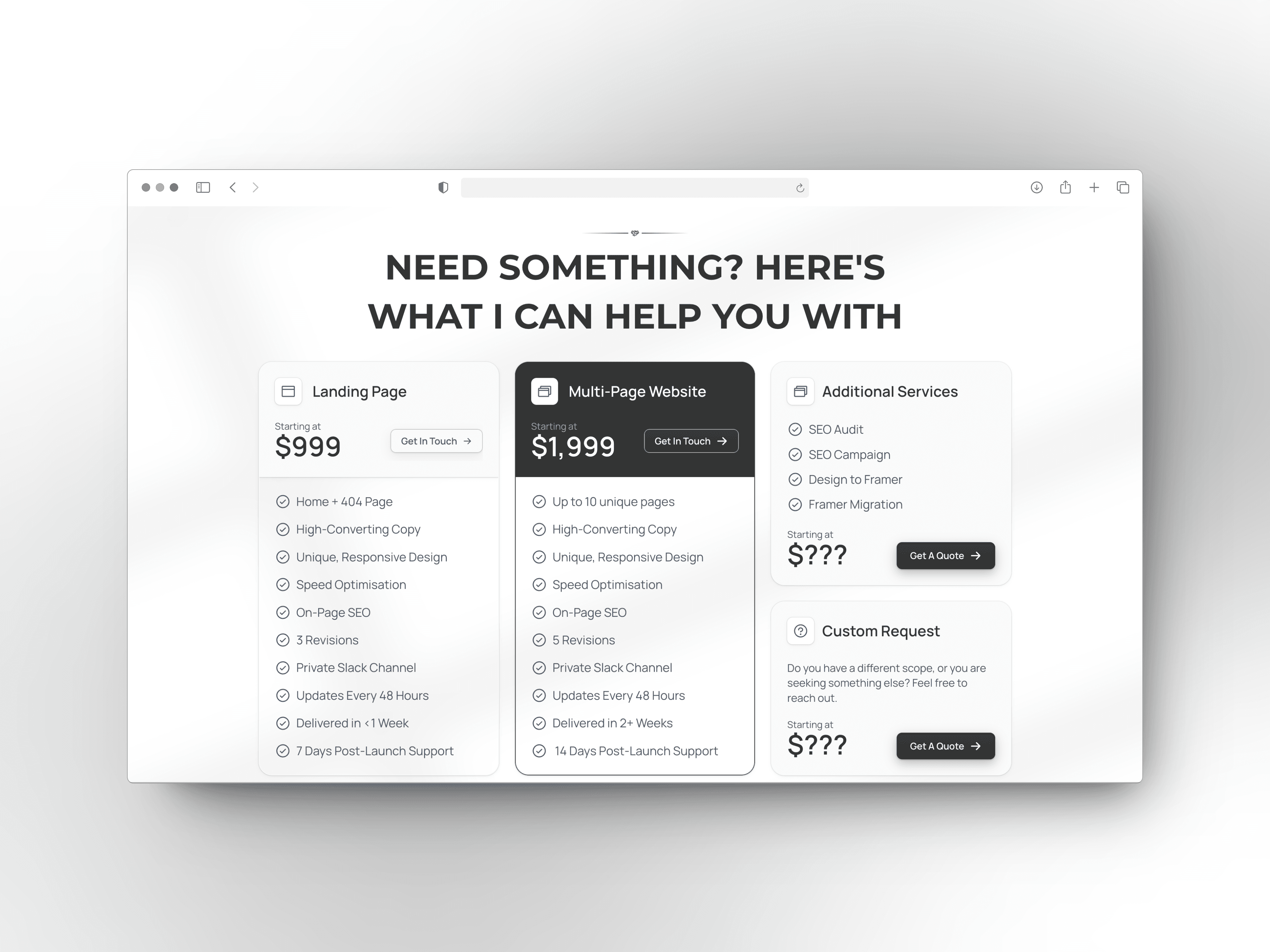 Pricing section design for Untitled Framer portfolio template