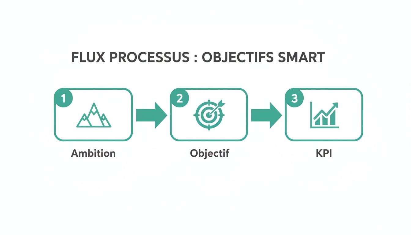 Illustration du flux de processus SMART, décrivant le chemin de l'ambition à l'objectif et au KPI.