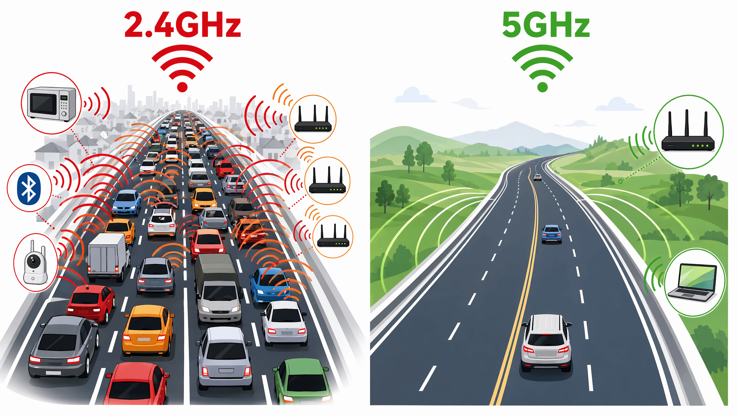2.4GHz vs 5GHz WiFi bands for screen mirroring - congested 2.4GHz vs clear 5GHz comparison