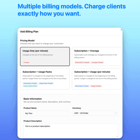 VoiceAIWrapper billing plan setup showing four pricing models including usage-only, subscription, and overage options for agencies. | VoiceAIWrapper