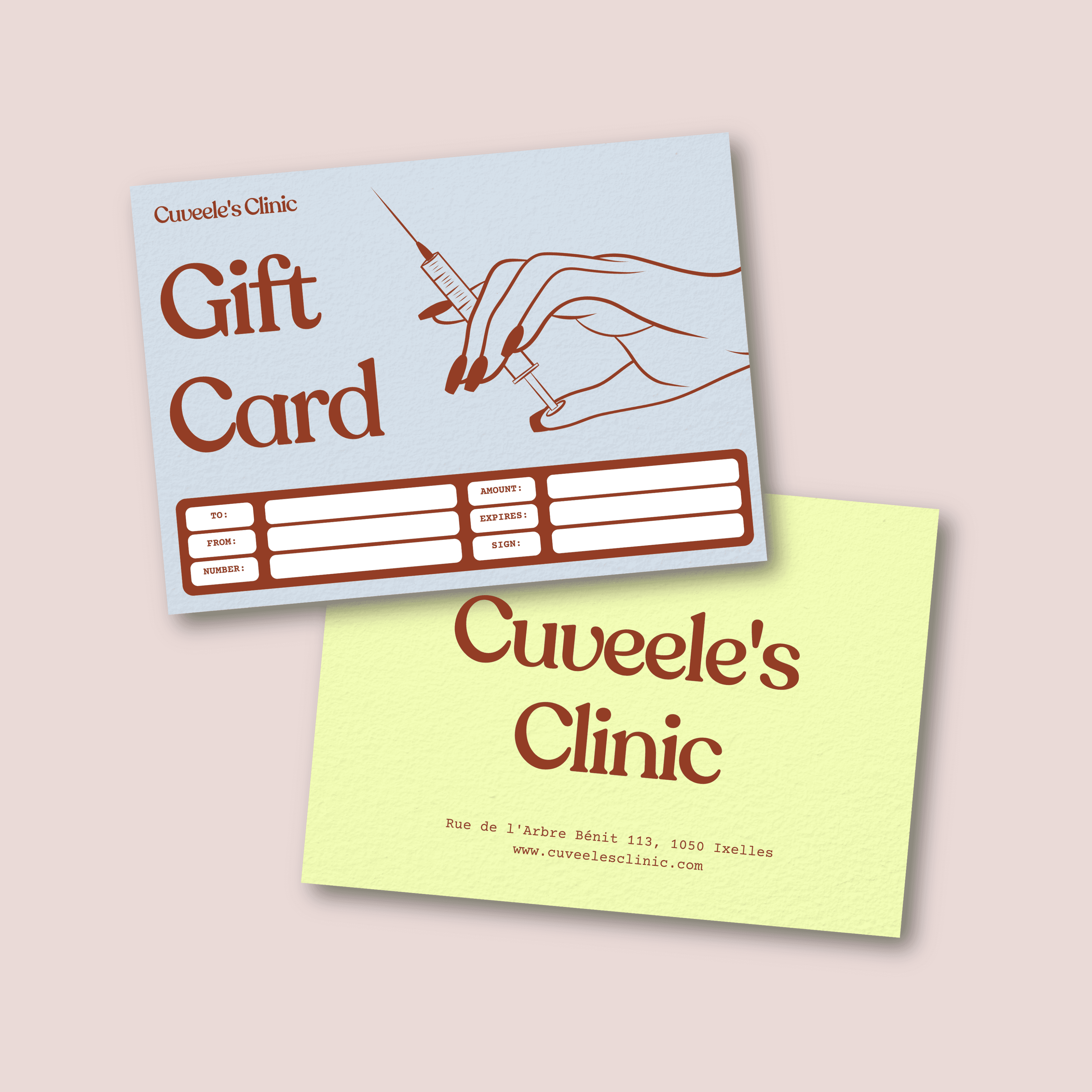 Front and back view of a Cuveele's Clinic gift card.