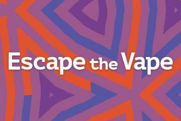 Escape the Vape logo with vibrant purple, orange, and blue design. Anti-vaping message on a colorful background.
