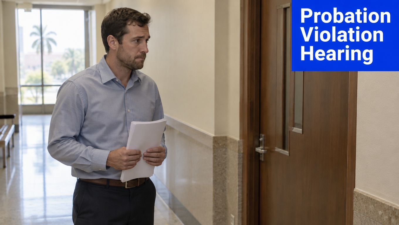 A man in a dress shirt holds documents while standing in a hallway before a legal hearing.