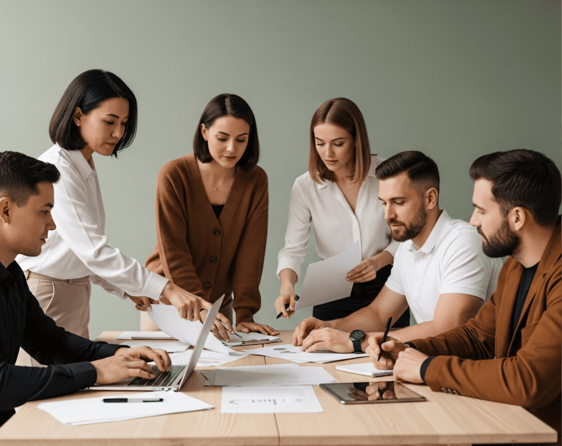 Professional team working together on business strategy and paperwork.