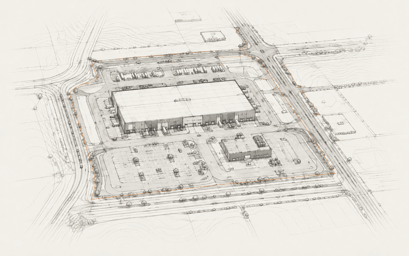 Conceptual site-planning study; property geometry, access, building placement and circulation