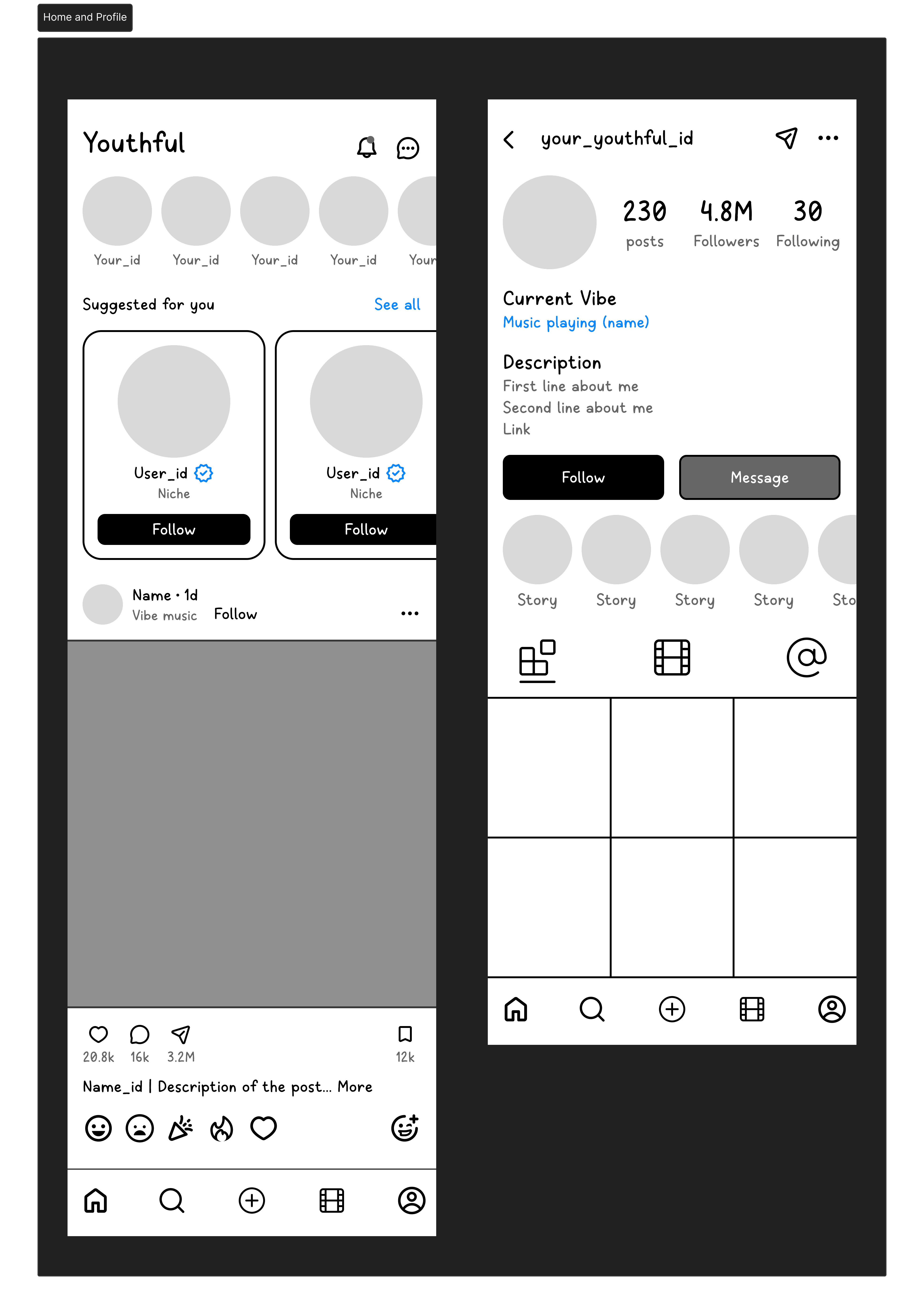 Home and profile wireframe