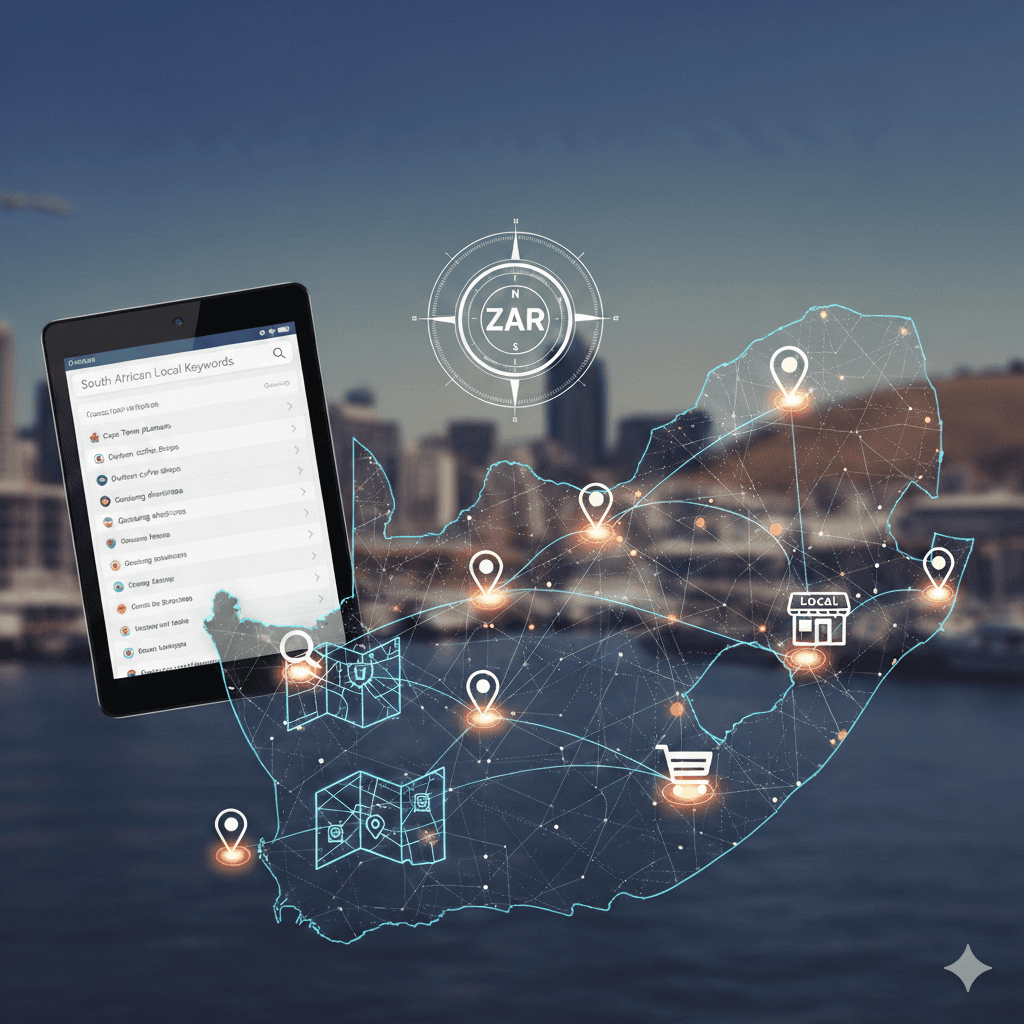 Map of South Africa with tablet and local keywords on tablet 
