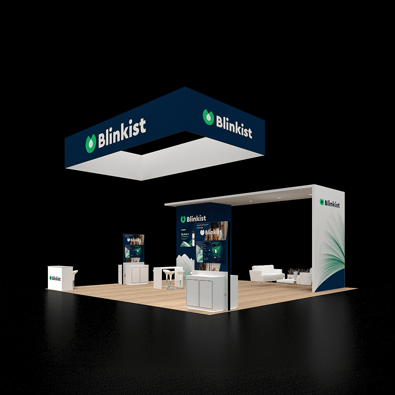 30x30 trade show exhibit with multiple demo stations and customer consultation areas