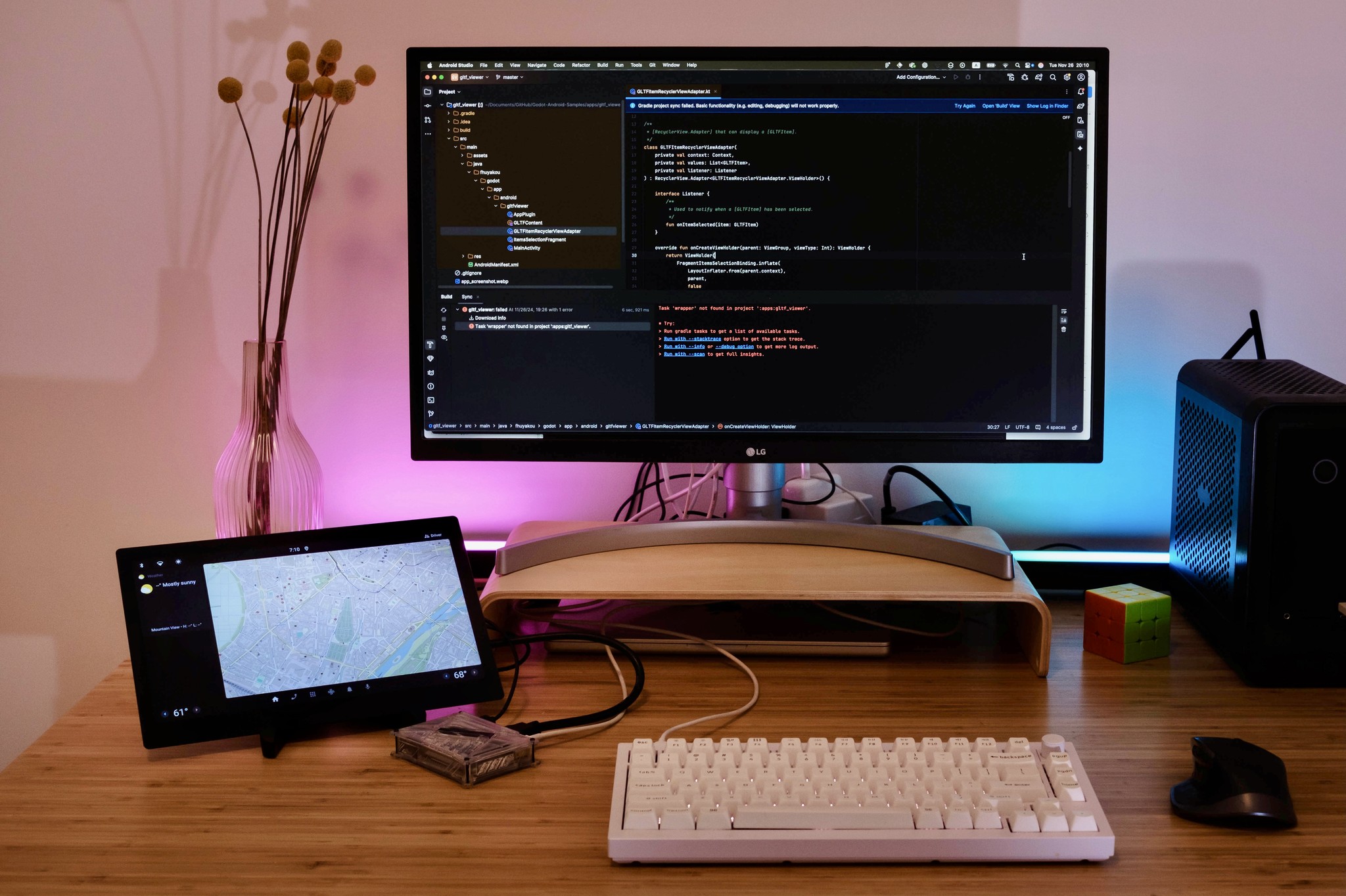 Set up of the developer kit on a desk with a computer display