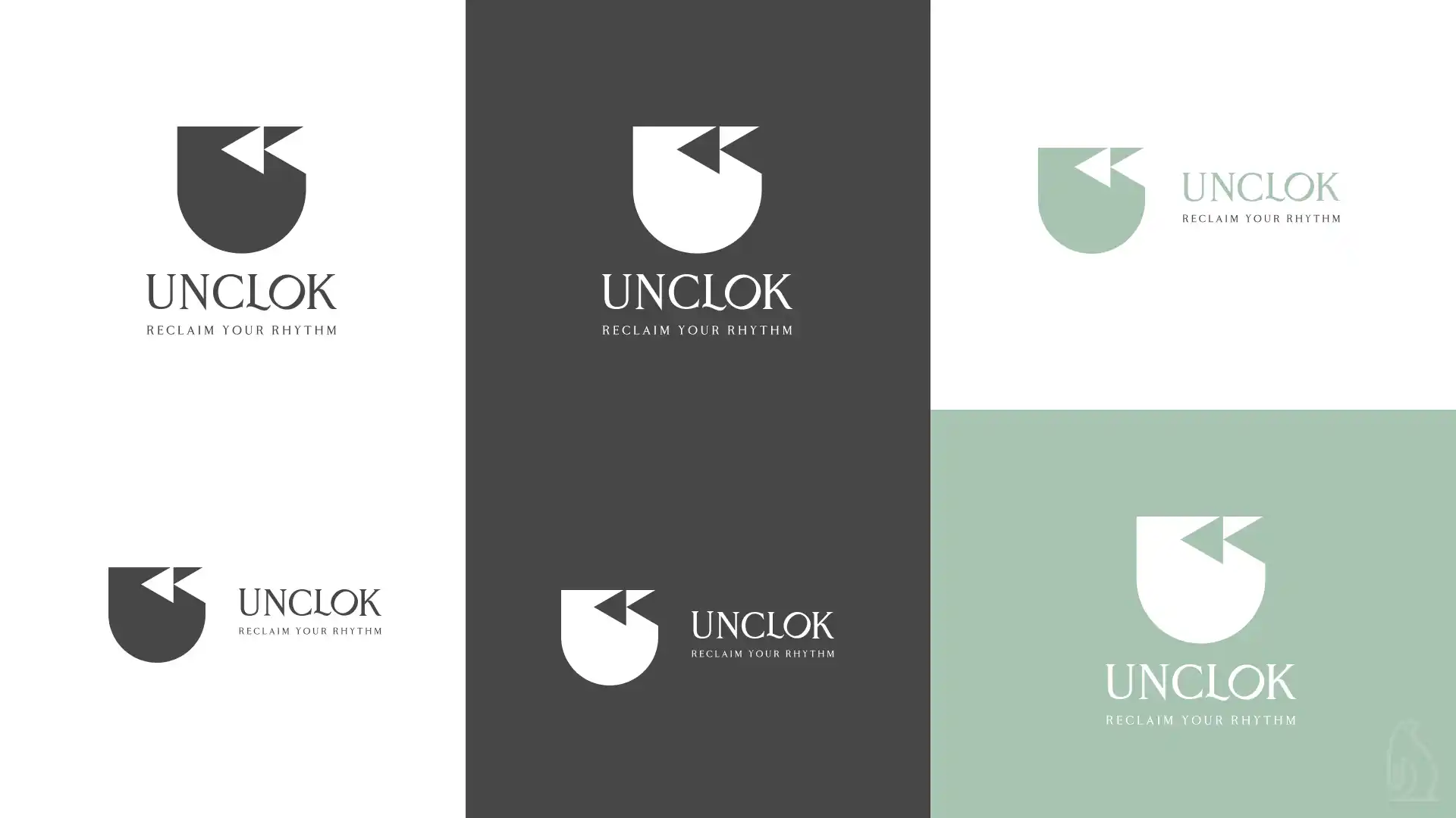 Unclok wellness brand logo variations across charcoal, sage and white backgrounds