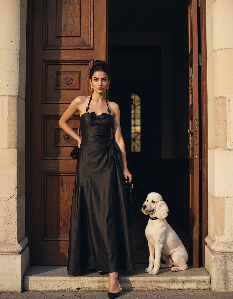 Woman in elegant black gown with white dog on luxury doorstep, editorial fashion photography style