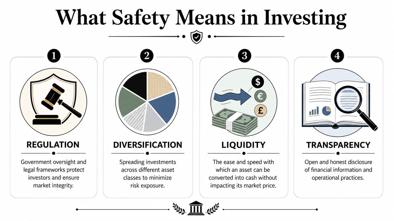 An infographic titled What Safety Means in Investing, outlining four key factors: regulation, diversification, liquidity, and transparency.
