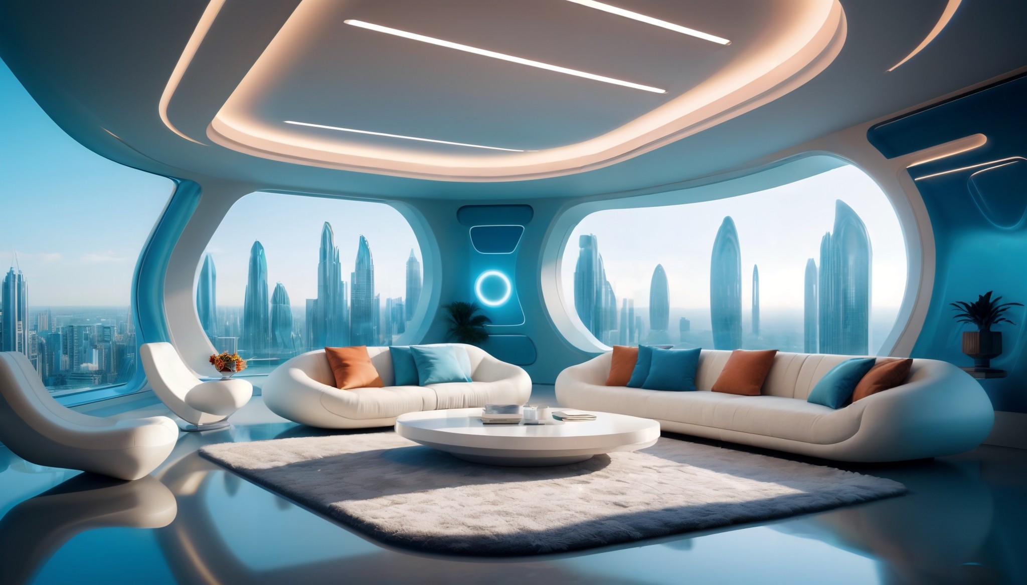 View of a sci-fi futuristic living room with large panoramic windows overlooking a futuristic sci-fi cityscape. The room is furnished with abstract white furniture has stylish ambient lighting.