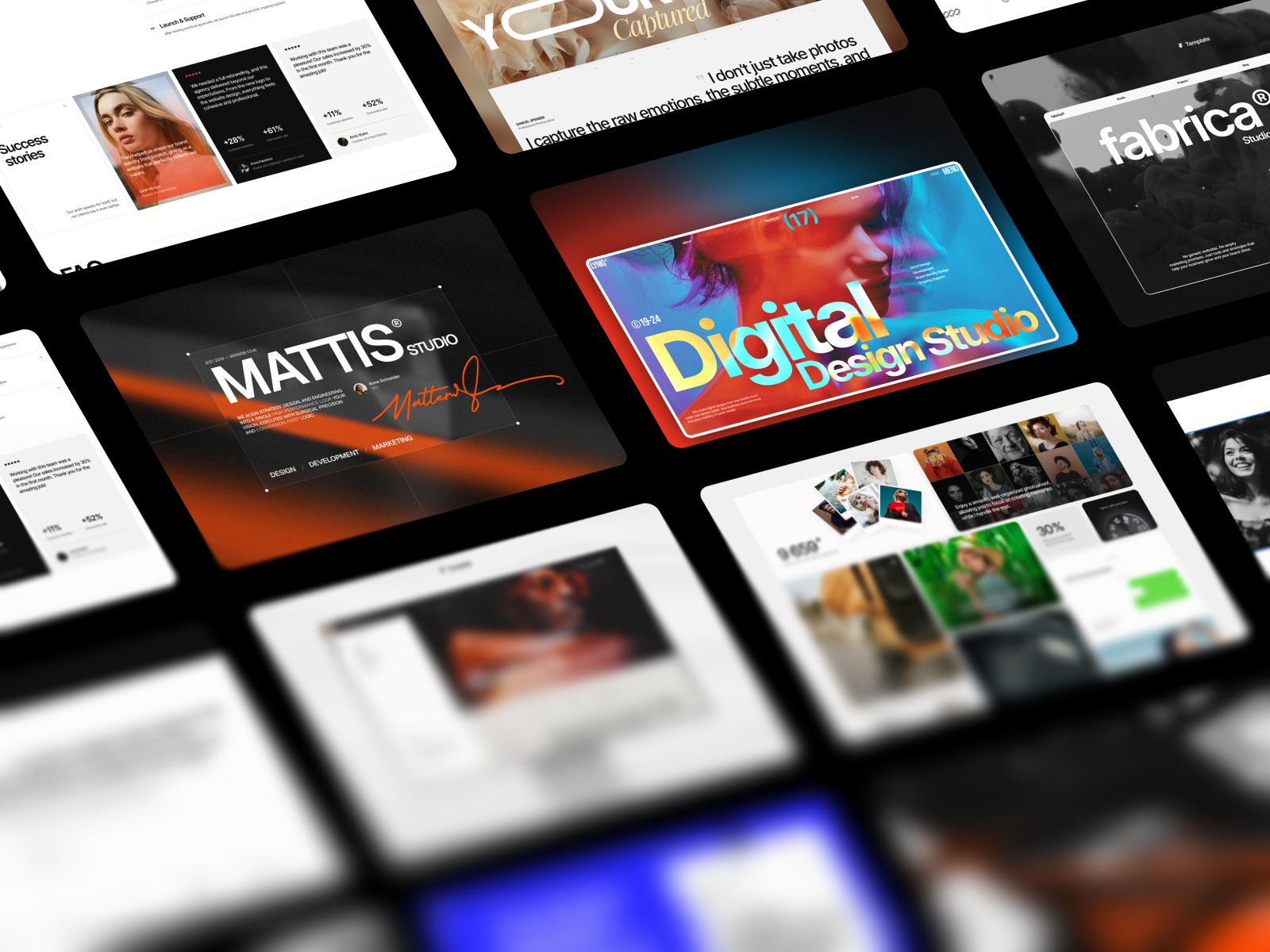 Angled browser mockups of several Templifica Framer templates, including the Mattis, Lyniq, and Fabrica agency templates.