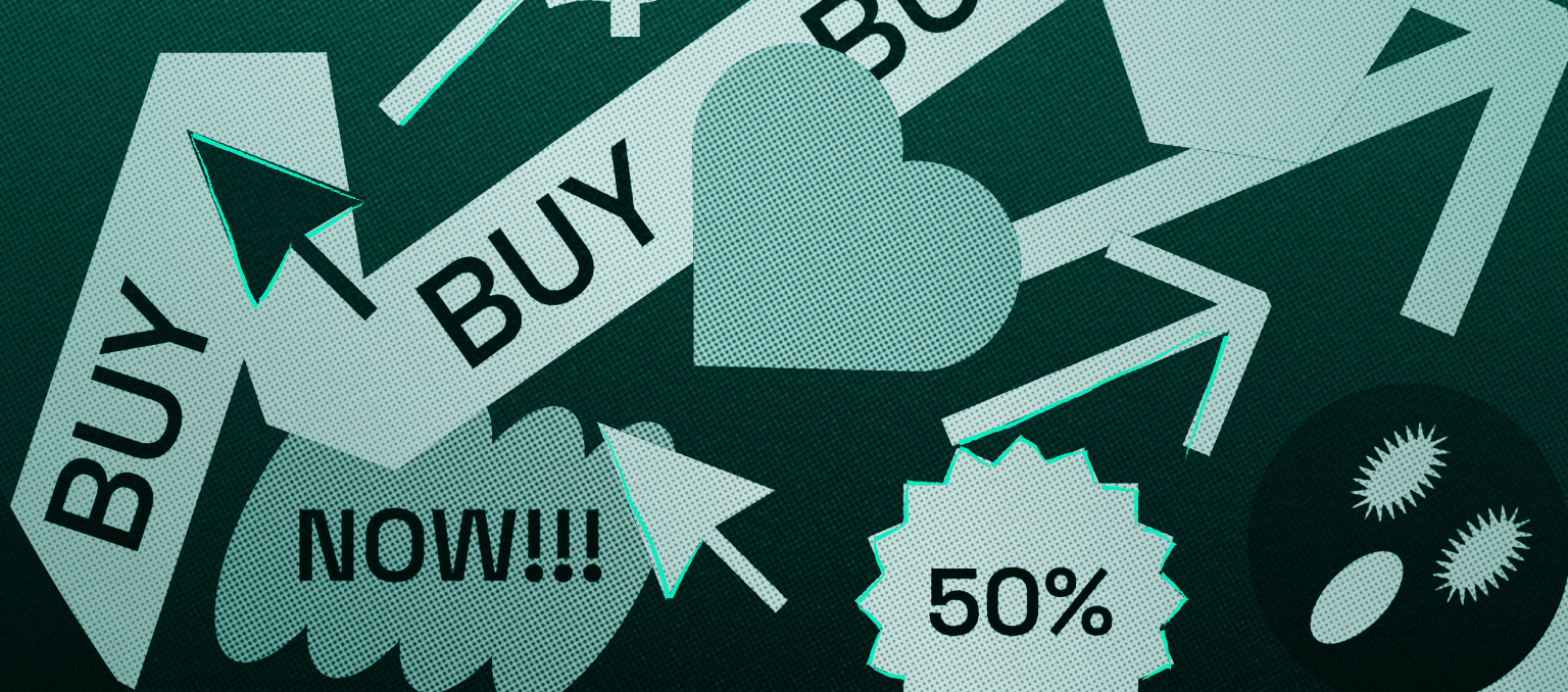 Graphic collage of arrows, cursor icons, a heart, and call-to-action elements like ‘Buy now’ and ‘50% off,’ illustrating user attention toward CTAs.