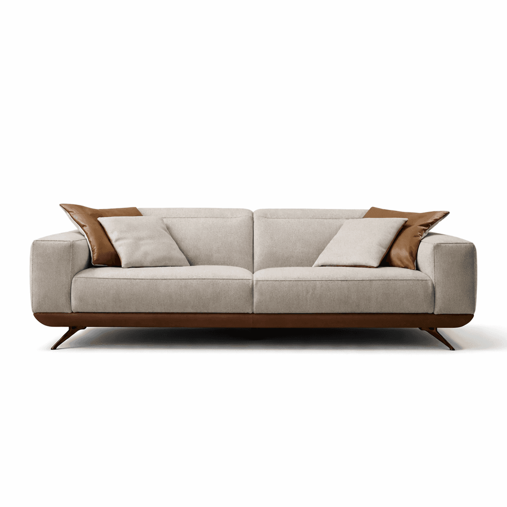 Wide upholstered seating with layered cushions and contrasting brown fabric accents