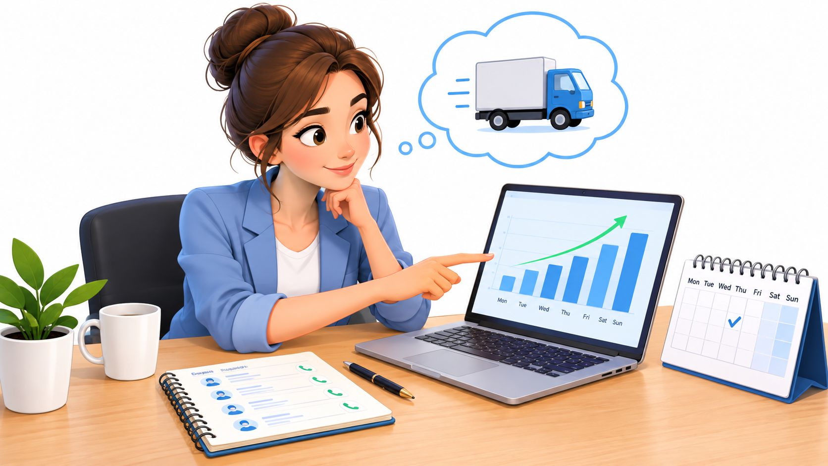 Mujer de negocios analizando gráficos de crecimiento y logística en su computadora portátil en una oficina moderna.