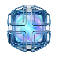 Glowing glass cube in metallic cage
