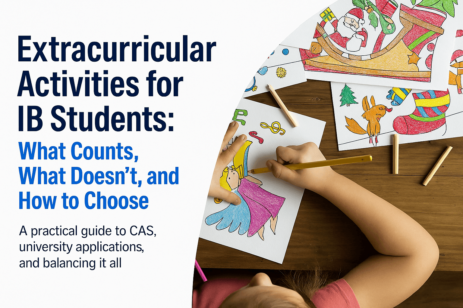 IB extracurricular activities guide with a student drawing creative artwork.