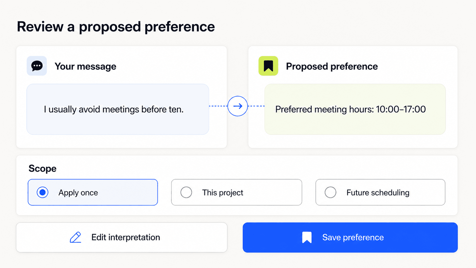 A proposed memory preview comparing the user's original message with the system's structured interpretation and scope choices.